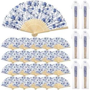 Roowest 50 Pcs Porcelain Chinoiserie Printed Hand Fan Favor Kit Folding Hand Fans Beautiful Retro Paper Fan with Organza Bag Summer Wedding Party Supplies Bridal Shower Gifts for Guests