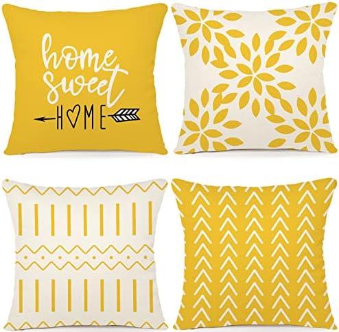 YCOLL Pillow Covers 16x16 Set of 4, Modern Sofa Throw Pillow Cover, Decorative Outdoor Linen Pillow Covers Set of 4 for Couch Sofa Bed and Car, Yellow