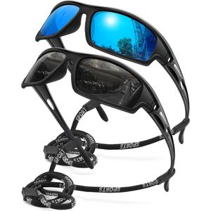 Polarized Sports Sunglasses for Men 100% UV Protection Wrap Around Unbreakable Sun Glasses for Fishing Driving (2pack Black+blue)