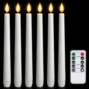 6 Pcs Flameless Taper Candles with Remote and Timer, 9.6 Inches Plastic LED Candlesticks, White Battery Operated Window Candles, for Home Wedding Christmas Party Decoration