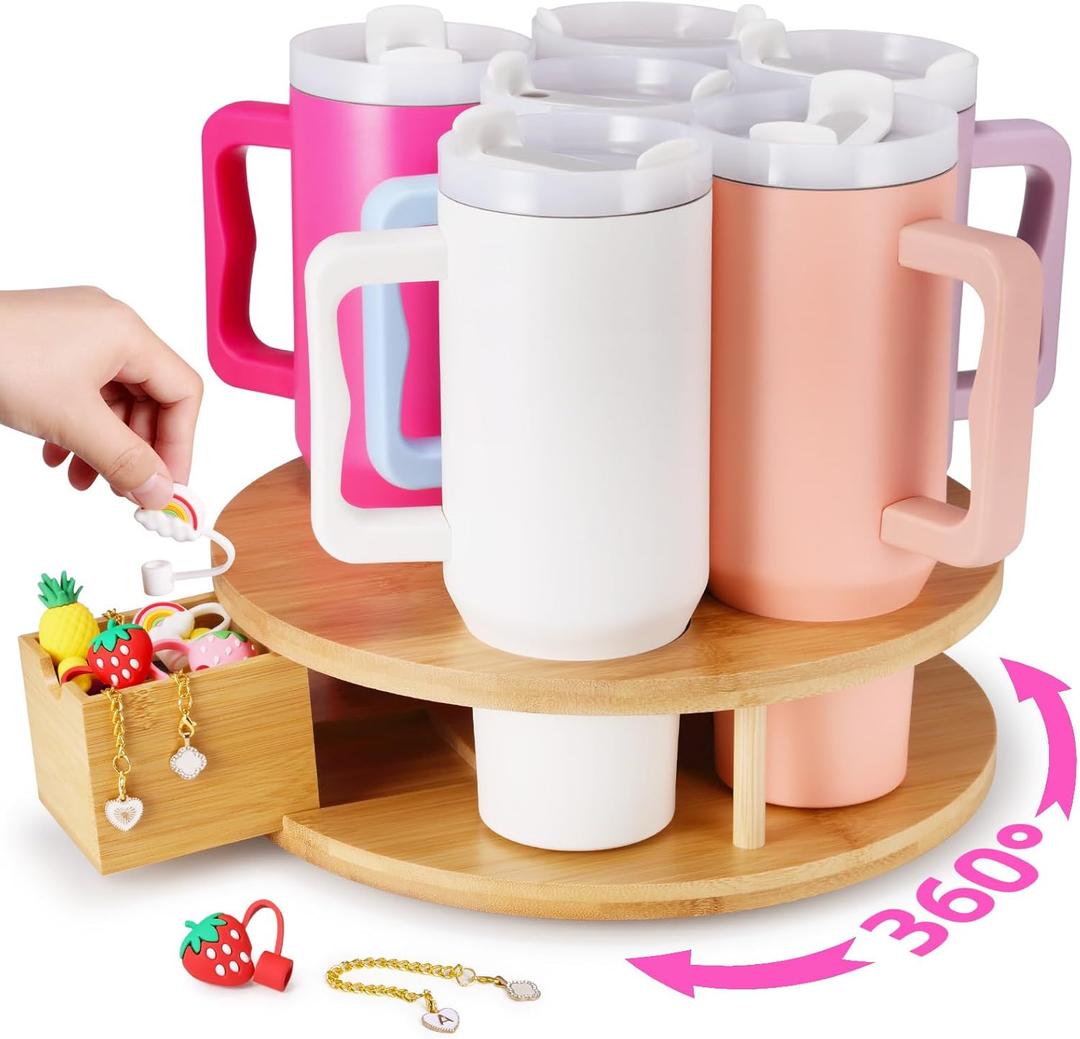 Rotating Tumbler Organizer with Drawer, Water Bottle Organizer, Stanley Cup Holder for 40 Oz Tumbler with Handle to 14 Oz Stanley Cup with Handle, Stanley Cup Organizer for Tumbler Accessories