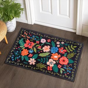 JOIEDOMI Door Mat Indoor Entrance 2x3 Machine Washable Boho Floral Small Rugs for Entryway Non-Slip Rubber Backing Bath Mat Soft Area Rug Stain Resistant Waterproof Carpet for Bathroom Bedroom (Black)