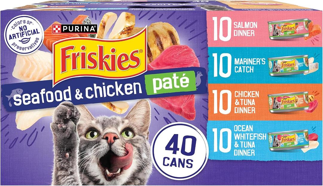 Purina Friskies Pate Wet Cat Food Variety Pack Seafood and Chicken Pate Favorites 40ct VP - (Pack of 40) 5.5 oz. Cans (EXP 02/17/28)
