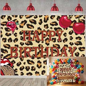 Cheetah Print Cherry Birthday Backdrop Leopard Print Red Cherry Happy Birthday Photography Background Women Girls Theme Party Decorations (7x5ft)