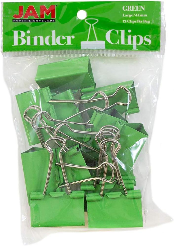 JAM PAPER Colorful Binder Clips - Large - 1 1/2 Inch (41 mm) - Green Binderclips - 12/Pack