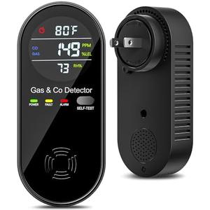 4-in-1 Natural Gas and Carbon Monoxide Detectors Plug in CO Monitor with Temperature and Humidity Display Portable CO Detector for Travel,RV,Home