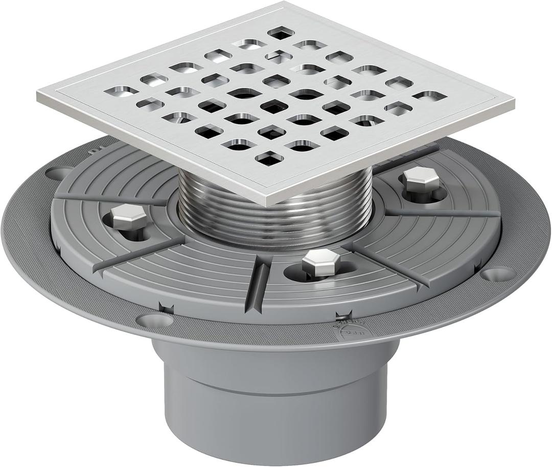 Neodrain Square Shower Drain,4 inch Stainless Steel 304 Grate and PVC Drain Body, Grate with Brushed Nickel Finish, Kit Includes Hair Trap/Strainer,Lifting Hook and PVC Drain Base (4 In, Brushed)
