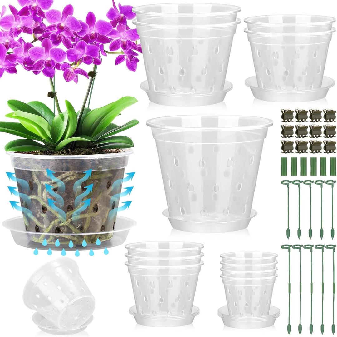 12 Pack Plastic Orchid Pots with Holes, 5 Sizes 3, 4, 5, 6,7 Inch Clear Orchid Pots for Repotting with Saucers Drainage and Plant Stakes, Large Small Breathable Orchids Planter Plant Pot