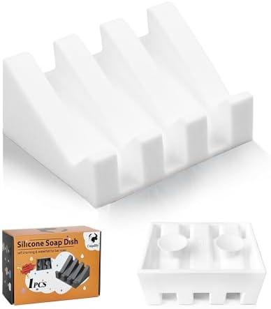 Coipdfty Soap Dishes, Upgrade Suction Silicone Shower Soap Dish with Drianage, Bar Soap Holder & Saver Waterfall Self-Draining to Keep Your Bar Soap Organized and Clean (1, White)