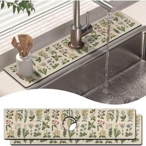 2 Pack 2 Pack Kitchen Sink Splash Guard Faucet Mat 24" X 5.5" Floral Absorbent Fast Drying Mat Faucet Draining Mat Sink Splash Guard Behind Faucet Drip Catcher for Kitchen Bathroom