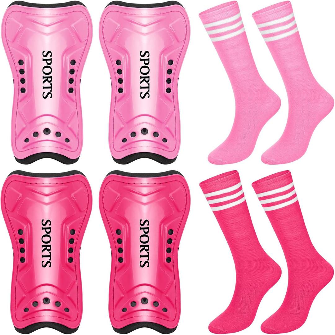 2 Pcs Soccer Shin Guards Girls with Soccer Socks Toddler Shin Guards Protective Lightweight Gear for 3-15 Years Old Girls Boys Youth Children Teens Games (Small, Pink, Rose Red)