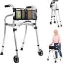 Walkers for Seniors with Seat, Lightweight Folding Walker with Storage Bag, Adjustable Height Rolling Walkers with 5" Wheels, Aluminum Standard Walker, Supports Up to 330 Pounds, Silver