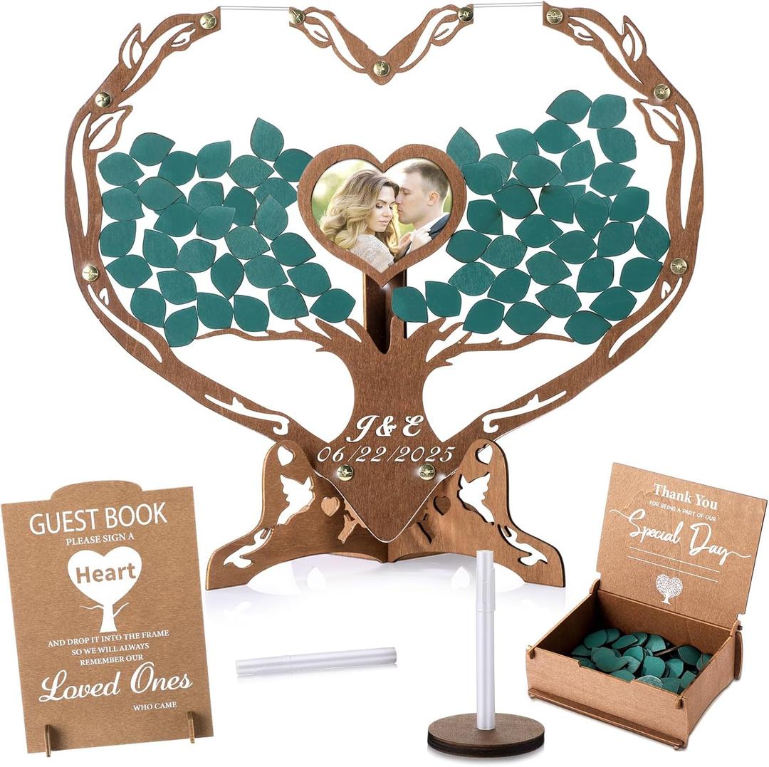 Rustic Heart Wedding Guest Book Alternative with Pen 70 Pcs Wooden Tree Sign Wedding Reception Guest Book Drop Box with Picture Frame for Anniversary Party Decor Valentine Gift
