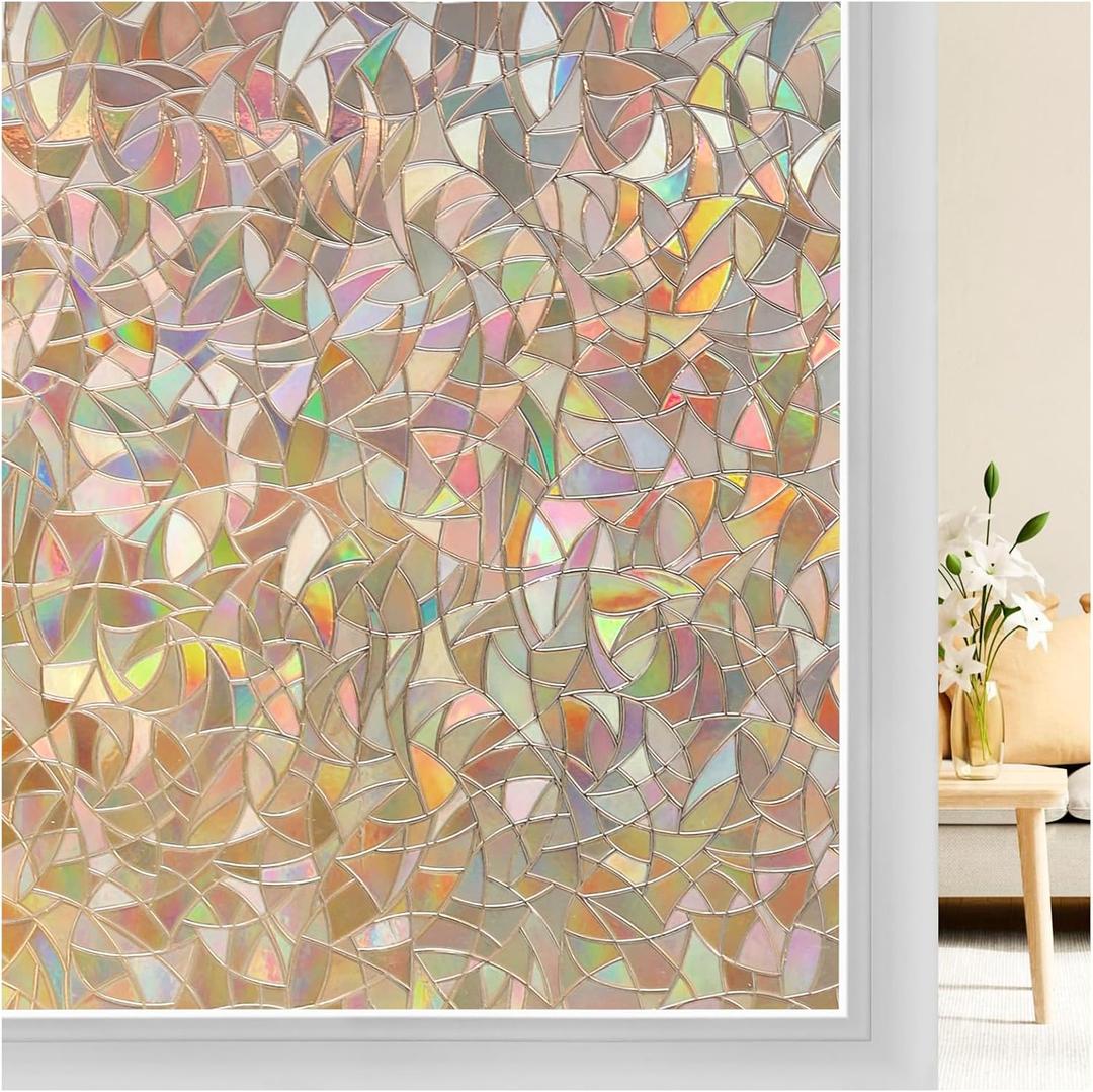 rabbitgoo Window Privacy Film Rainbow Film Decorative Window Sticker, 3D Static Stained Glass Cling Tint for Home Heat Control Non-Adhesive, Brown, 35.4 x 157.4 inches