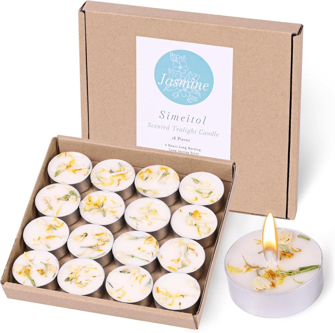 Jasmine Scented Tealight Candles 16 Pack - 4-Hour Palm Wax White Tea Lights, Plant Dried Flower Scented Tea Candle (Paraffin-Free), Votive Candles for Home/Yoga/Bath/Meditation