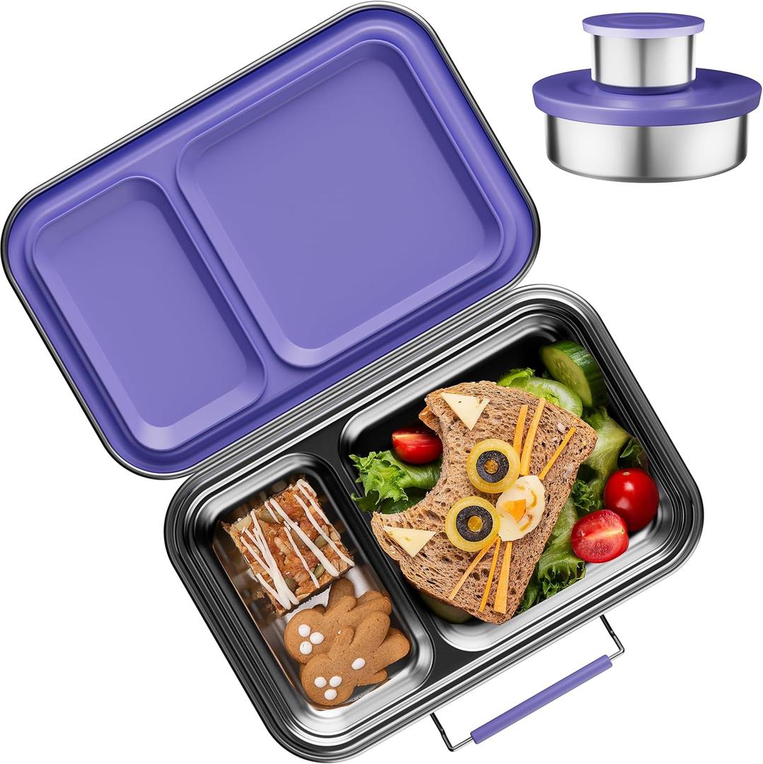 AOHEA Stainless Steel Lunch Box for Kids, Leak Proof Bento Lunch Box BPA Free 304 Stainless Steel Bento Box Stainless Bento Box with Containers for School and Office(Purple)