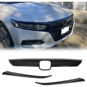 ECOTRIC Front Grille & Eyelid Cover Set Compatible With 2018-2020 Honda 10th Accord Sedan 4DR ABS Glossy Black Lip Bumper Upper Grill Molding Trim 3PCS