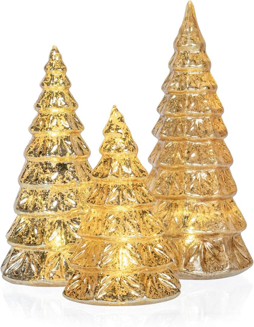 Red Co. 9, 7.5, 6 Light-Up Glass Christmas Tree Tabletop Display Figurine Set of 3 Sizes, Mercury Gold