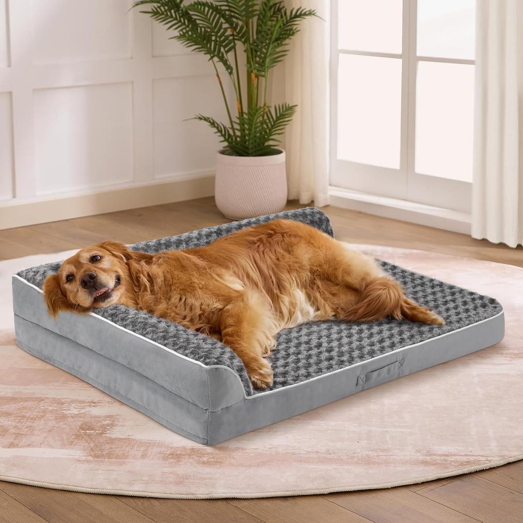 Dog Bed Large Sized Dogs, Orthopedic Dog Bed for Large Dogs, Waterproof Pet Bed with Washable Removable Cover, L-Shaped Pet Couch with Portable Handle 36"x27"x6.5", Grey