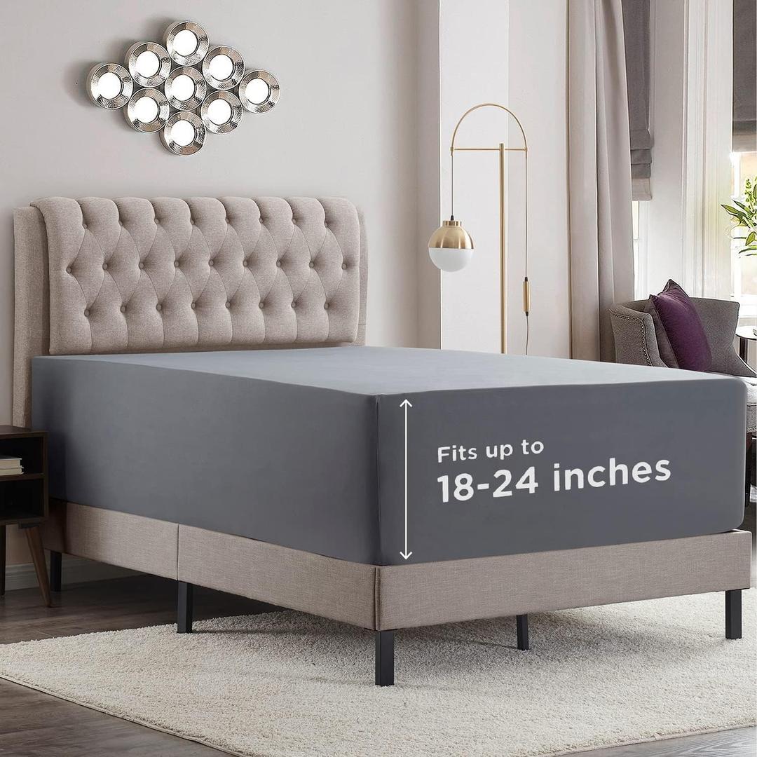 Empyrean Charcoal Grey Extra Deep Pocket Fitted Sheet Queen, Hotel Luxury Queen Fitted Sheet Only Easily Fits 18 to 24 Inch Mattress, Super Soft, Wrinkle-Free Bottom Sheets with Corner Straps