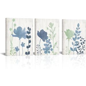 LoveHouse Sage Green and Blue Wall Art Rustic Canvas Paintings Vintage Flower Leaf Art Prints Pictures for Bathrooms Farmhouse Leaves Floral Artwork