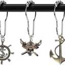 Nautical Shower Curtain Hooks Rings - Pirate Skull Anchor Rudder Decorative Bathroom Accessories Set, Silver Metal Shower Hooks for Shower Curtain, Tropical Ocean Beach Sea Theme Bathroom Decor