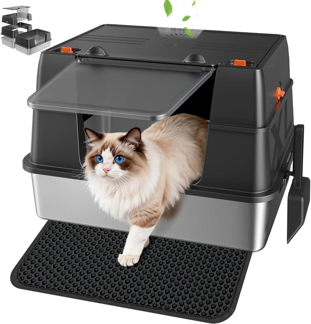 Stainless Steel Litter Box with Lid, Large Enclosed High Sided Litter Box, Side Entry Removable Upper Cover Leak-Proof Odorless Non-Stick Easy Clean Metal Pan with Scoop & Mat, Black