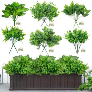 Fake Outdoor Plants, Faux Leaves Artificial Greenery Outdoor Artificial Plants uv Resistant 12 Bunches Fake Plant for Front Porch Outdoors Patio Hanging planters Garden Window Box Decor