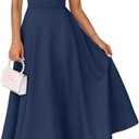 MEROKEETY Women's 2026 Summer Midi Dresses Short Sleeve Crewneck A Line Pleated Wedding Guest Flowy Long Dress with Pockets, Navy, Large