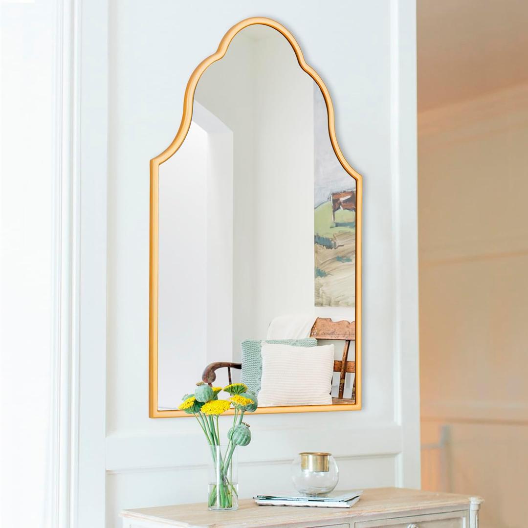 Chende Gold Bathroom Mirror with Wooden Frame, 36"X24" Arched Mirror for Living Room Decor, Modern Scalloped Mirror for Entryway, Dining Room, Bedroom