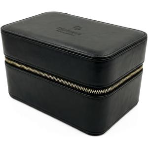 Watch and Jewelry Travel Case for Men & Women, Luxury PU Leather Organizer for 2 Watches, Rings, Earrings & Sunglasses - Black - Zippered Compact Travel Storage Jewelry Holder Gift (BLACK)