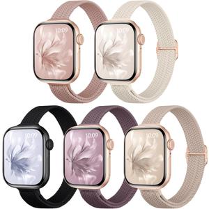 5 Pack Slim Braided Stretchy Bands Compatible with Apple Watch Band 40mm 41mm 42mm 38mm 44mm 45mm 46mm 49mm Women Men, Thin Elastic Nylon Solo Loop Straps for iWatch Series 10 9 8 7 6 5 4 3 11 SE 2/1 (Black/Starlight/Pink/SmokePurple/MilkTea)