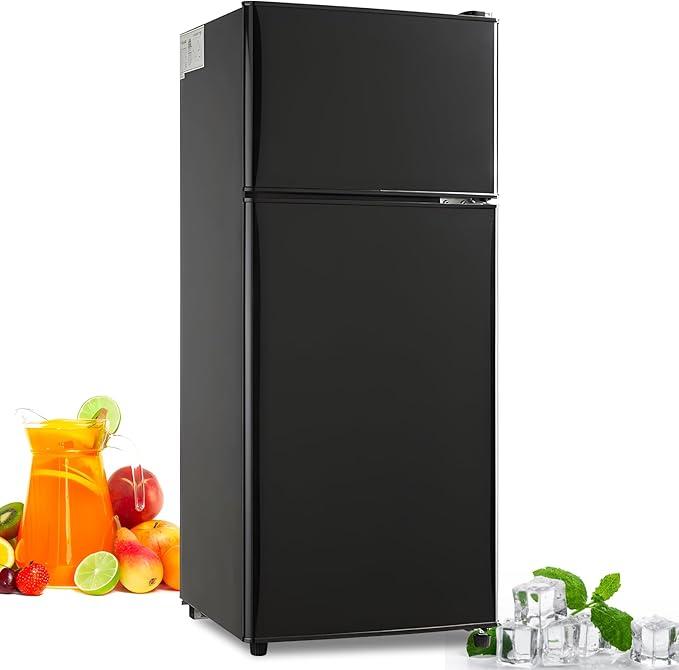 FLS-80-BLACK-D, Small Refrigerator with Freezer, Retro Fridge with Dual Door for Garage, Dorm,Bedroom, Office, Apartment, Black