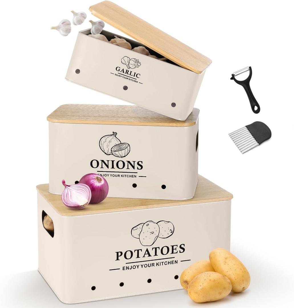 Kitchen Vegetable Storage Set of 3, Metal Onion Garlic Potato Storage Set, Kitchen Canisters Vegetable Keeper Containers with Aerating Holes and Wooden Lid (Beige)