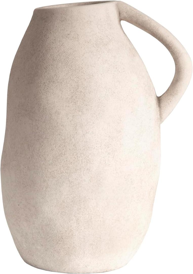 White Ceramic vase with Handle, Distressed Cement Texture, Boho Terracotta Large Pottery 10inch Tall, Rustic Farmhouse Decorative vases for Centerpieces, Unique Stoneware Jug for Flowers