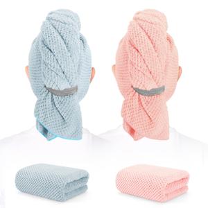BEoffer 2 Pack Microfiber Hair Towel - 41 x 24 inches Super Soft, Absorbent, Fast Drying Without Frizz Hair Towel Wrap for Women Long, Thick, Curly Hair - Hair Turbans with Elastic Strap (Blue Pink)