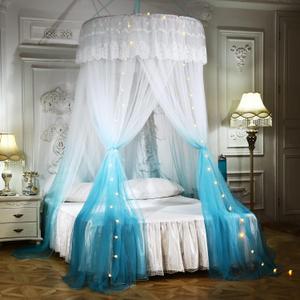 Mengersi Pirncess Bed Canopy for Girls & Adults with Lights,Round Dome Ombre Canopy Bed Curtains Mosquito Net Play Tent for Kids Teen Adult King Queen Full Double Bed (Round Canopy + Led Lights) (Blue and White)