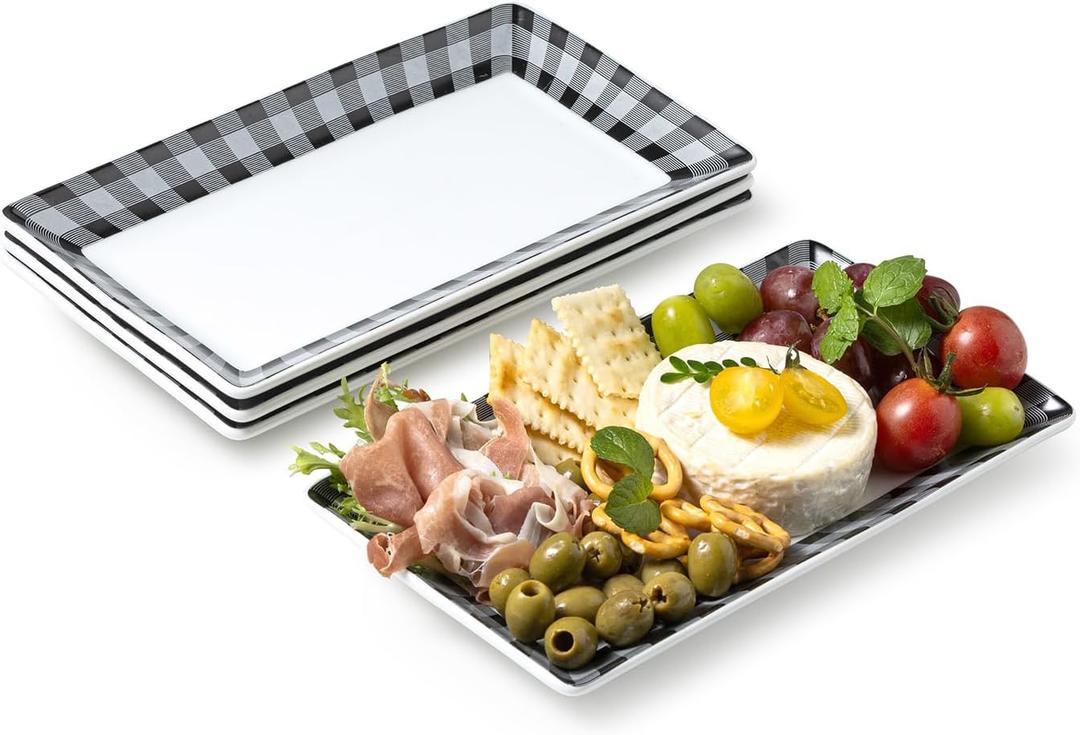 LAUCHUH Serving Platters, 10 inch Porcelain Checkered Dinner Plates Set of 4 Black and White Rectangular Plates Serving Dishes for Entertaining, Sushi, Cupcakes, Cookies, Fruit, Vegetables