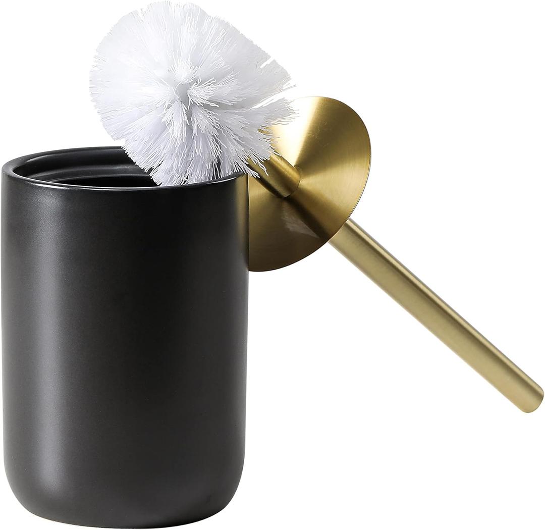 Bathroom Accessories Ceramic Toilet Brush Set - Toilet Bowl Brush and Holder (Black and Gold)