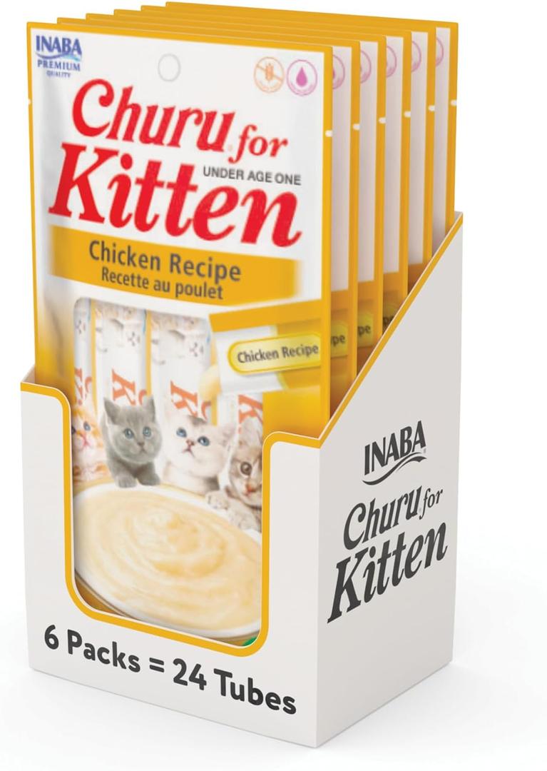 INABA Churu for Kittens, Grain-Free Creamy, Pure Lickable Cat Treats with DHA, EPA, Vitamin E & Taurine, 0.5 Ounces Each, 24 Tubes (4 per Pack), Chicken Recipe, BB 04.25.2026