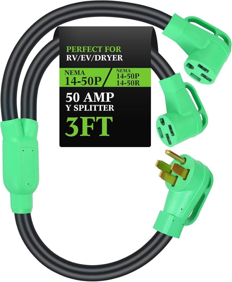 Kanayu 50Amp 14-50 Y Splitter Adapter Cord ETL Listed 4 Prong 250V Splitter for RV and EV Heavy Duty 6/3+8/1 STW AWG RV Generator Outdoor Extension Cord(14-50p to 2 x 14-50r,3 ft,Green,Black)