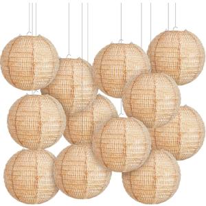 Hortsun 12 Pcs Print Burlap Paper Lanterns Round Chinese Paper Lanterns Farmhouse Boho Classroom Home Decor Classroom Sweet Birthday Party Ceremonial Event (8 Inch)