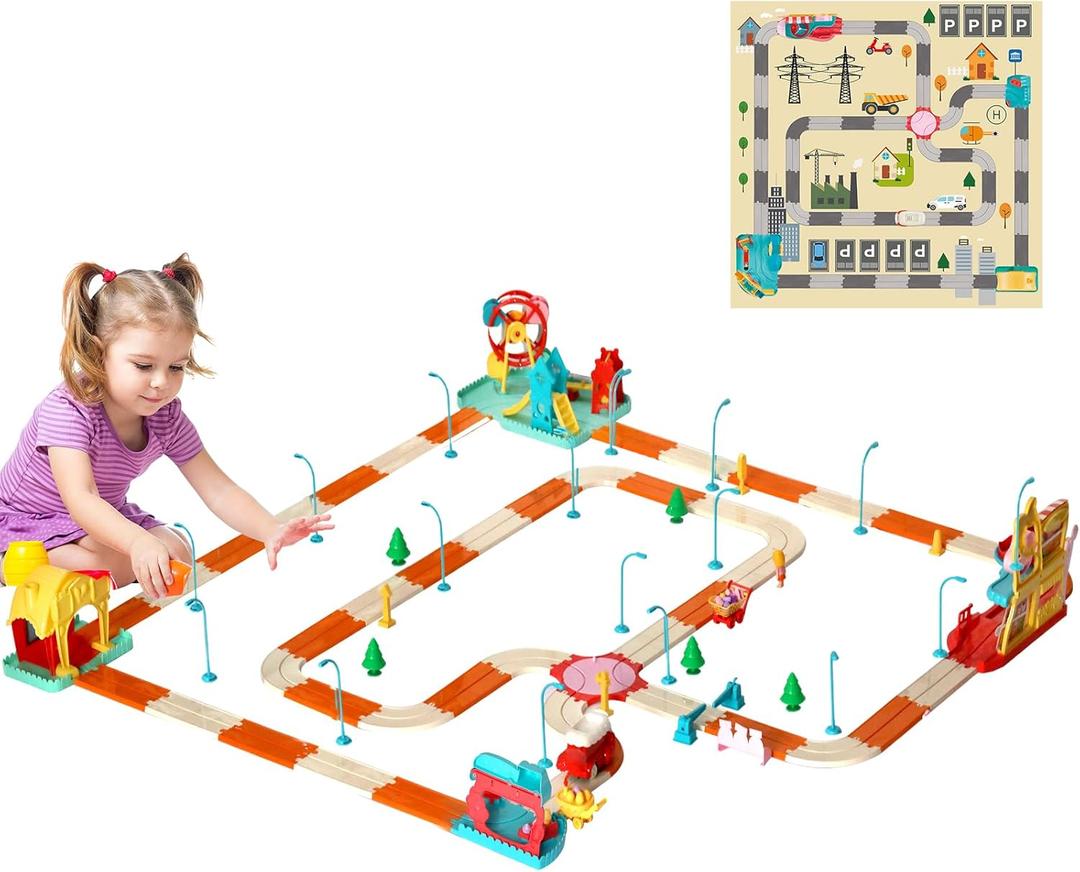 Fisca Slot Car Race Track Sets, 200pcs Flexible Themed City Cars Track Sets for Toddlers with Cars, Toddler Electric Race Raceway Toy for Aged 3+