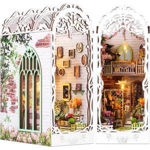 TuKIIE DIY Book Nook Miniature Kit, Booknook Dollhouse Bookshelf Insert with Sensor Light & Dust Proof, Wooden Decorative Bookend Stand Model Kits for Kids Teens Adults(Flower House)