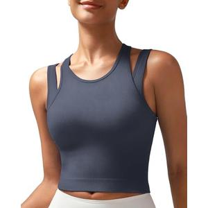 RUNNING GIRL Sports Bras for Women High Impact Seamless Ribbed Longline High Neck Workout Crop Tank Tops Padded Medium