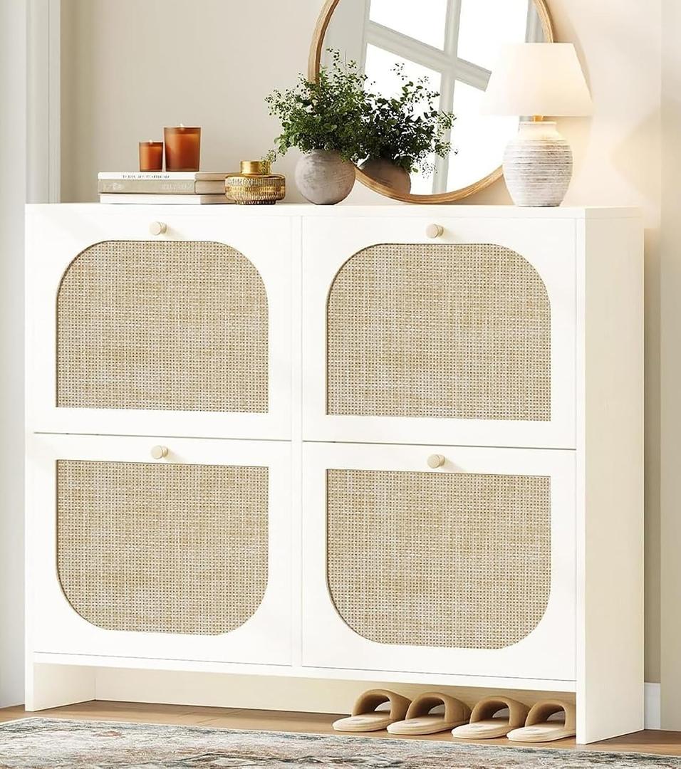 Nicetree Freestanding Ultra Slim Arched Rattan Accent Shoe Storage Cabinet for Entryway - 4 Flip Drawers & 3-Tier Adjustable Shelves, Farmhouse Modern Rustic Shoe Rack for Hallway Foyer,Cloud White, 9.5"D x 39.4"W x 35.5"H