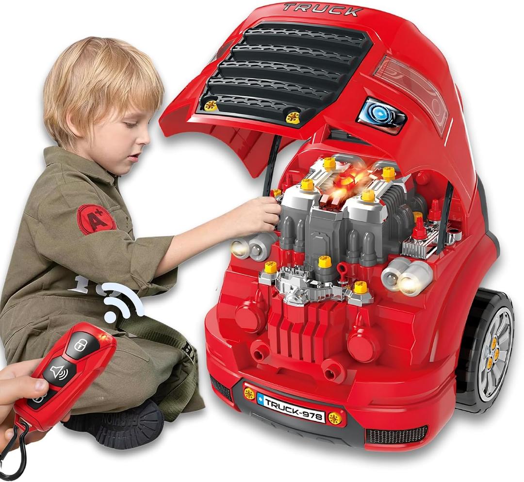 Large Truck Engine Toy — Interactive Steering Wheel, Engine Building Kit & Kids Mechanic Tool Set with Light & Sound – 56 PCS Take Apart Toys for Boys Ages 3+