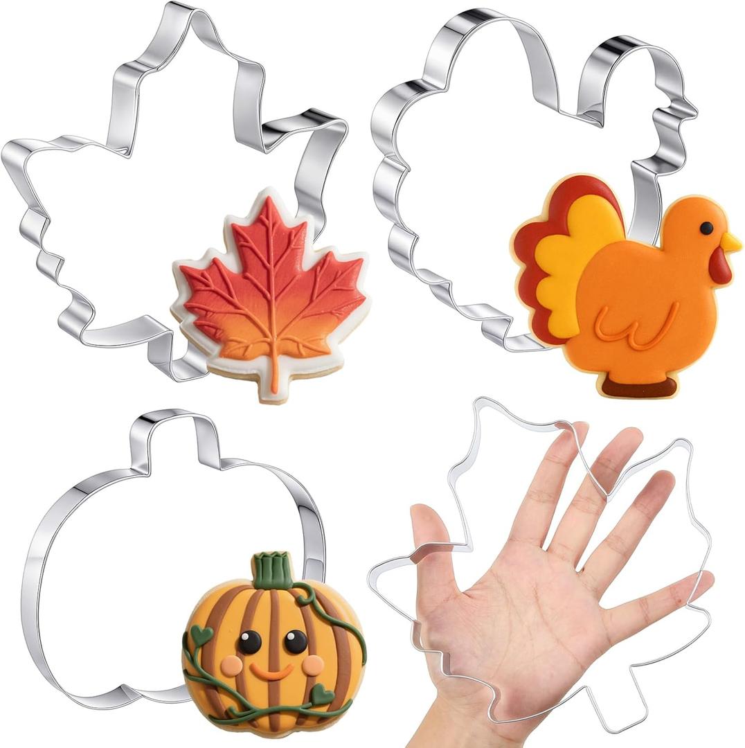 3 Pcs 8 Inch Thanksgiving Turkey Cookie Cutters Set Extra Large Stainless Steel Fall Thanksgiving Pumpkin Maple Leaves Turkey Biscuit Cookie Cutter Mold for Baking Party Kitchen Accessory