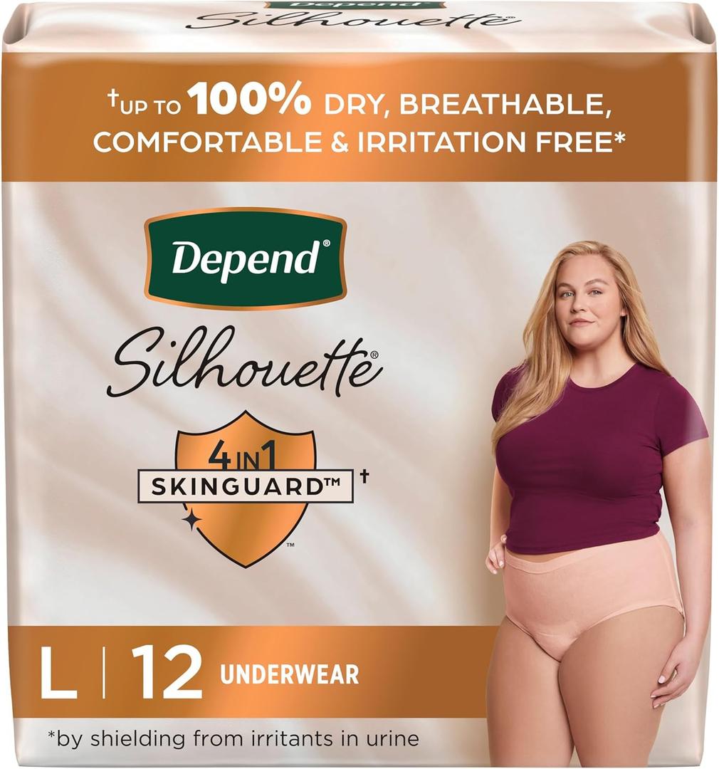Depend Silhouette Adult Incontinence & Postpartum Bladder Leak Underwear for Women, Maximum Absorbency, Large, Pink, 12 Count, Packaging May Vary Depend Silhouette Adult Incontinence & Postpartum Bladder Leak Underwear for Women, Maximum Absorbency, Large, Pink, 12 Count, Packaging May Vary