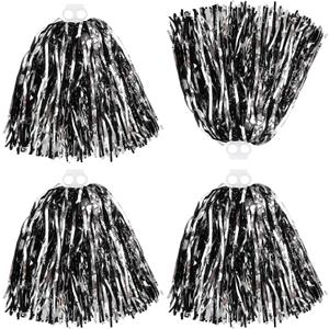Thenshop 4 Pack Cheerleading Pom Poms Cheerleader Squad Spirited Fun Pompoms Cheer Hand Flowers Metallic Foil Pompoms for Adults Sports Meeting Team Spirit Cheering Party (Black and Silver)